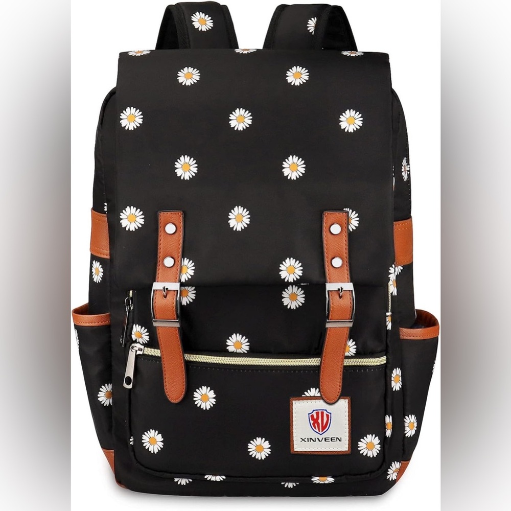 Xinveen Black with Daisies Slim Vintage Laptop Backpack - New - Picture 5 of 10